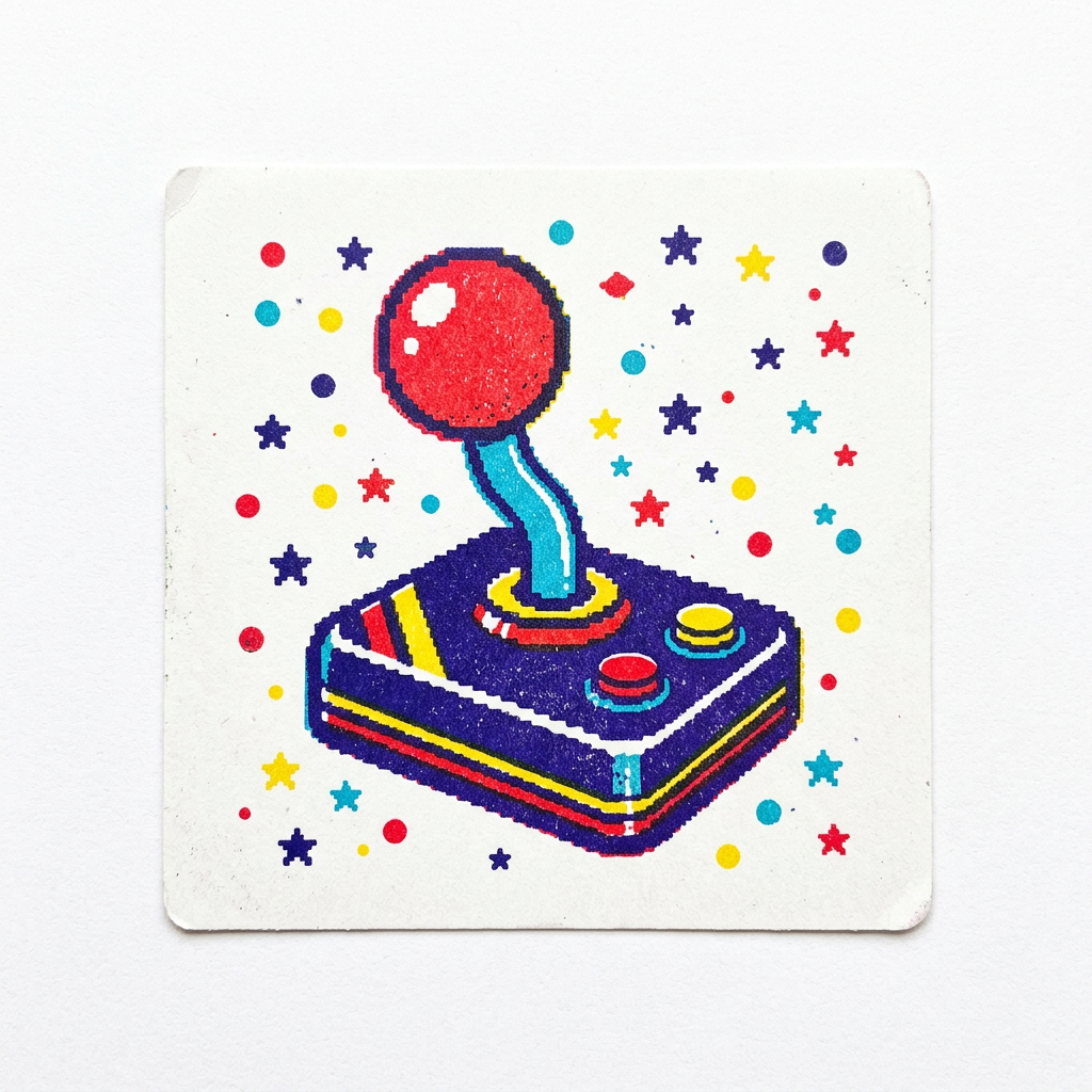 A pixel-art arcade joystick surrounded by confetti