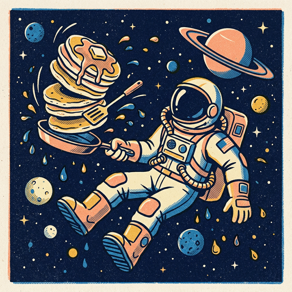 Sample art: an astronaut flipping pancakes in space