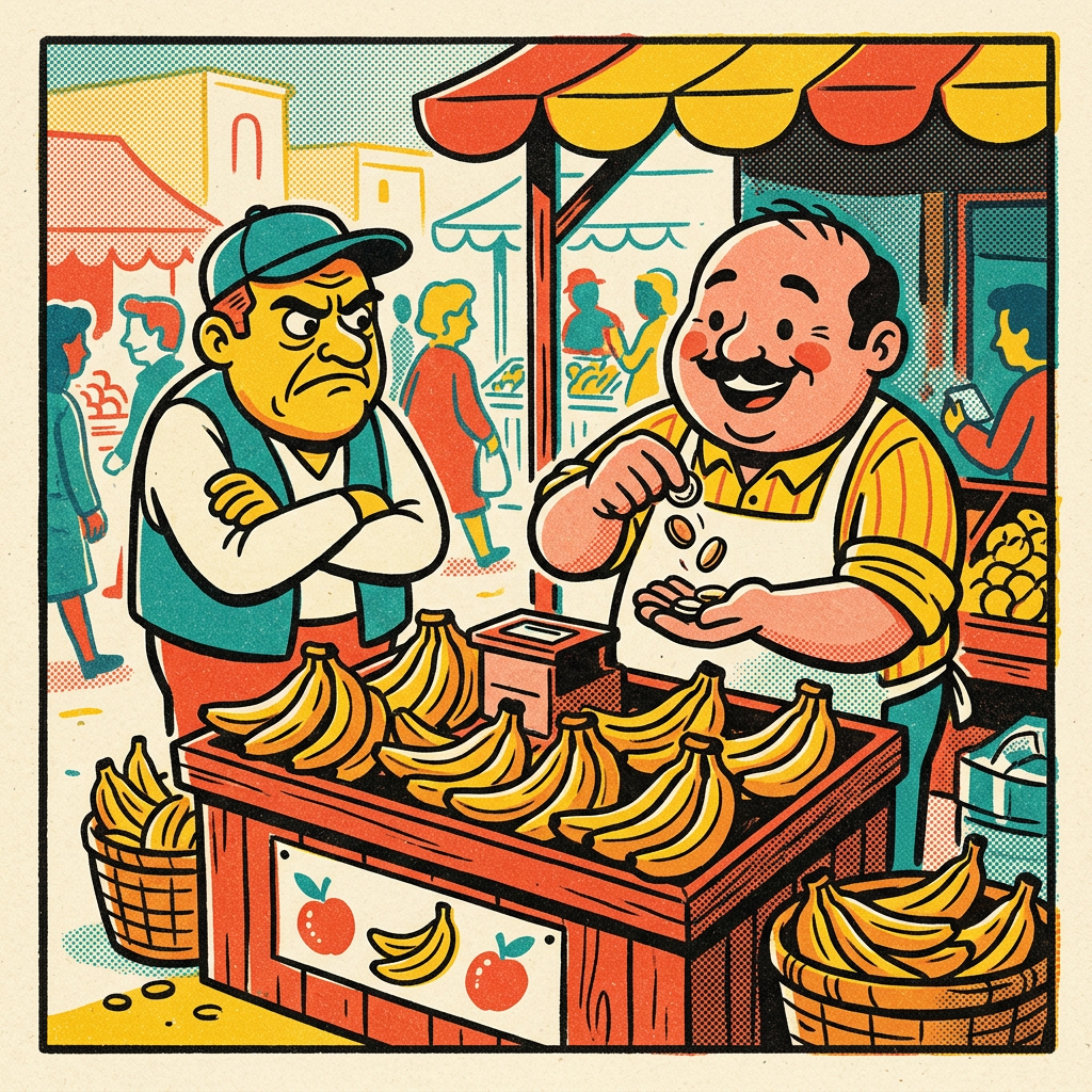 Sample art: a banana merchant counting change while a rival glares
