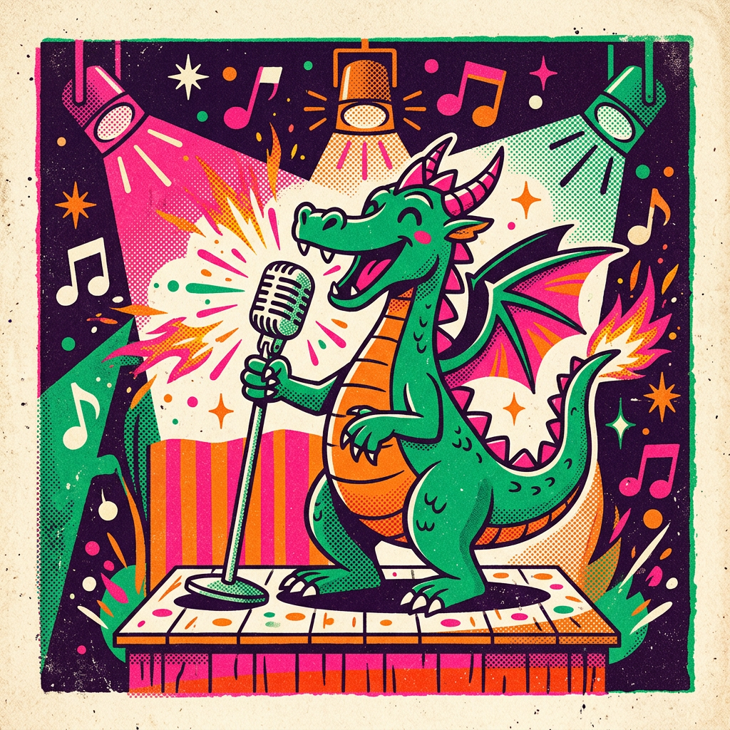 Sample art: a green dragon singing on a karaoke stage