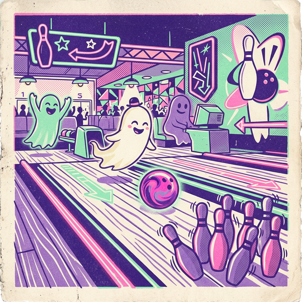 Sample art: friendly ghosts bowling in a neon alley