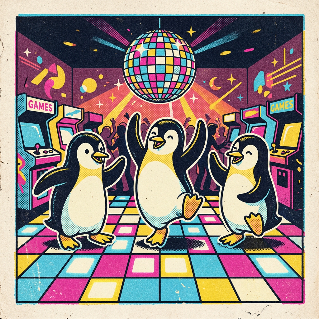 Sample art: three penguins dancing under a mirror ball