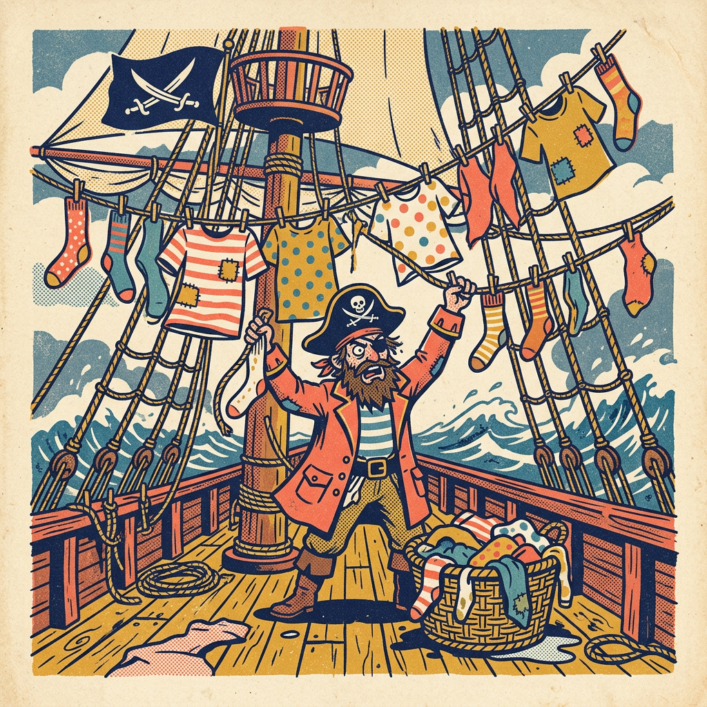 Sample art: a pirate captain hanging laundry on a ship