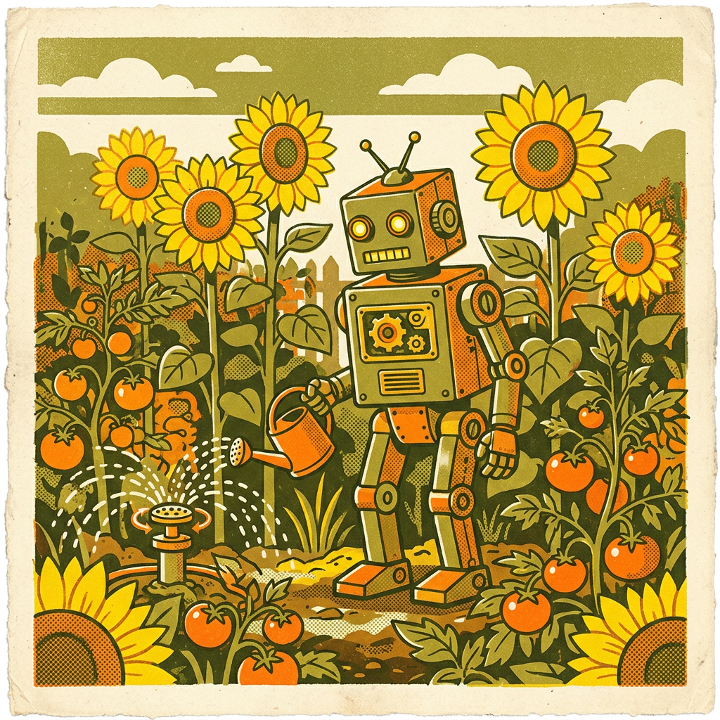 Sample art: a robot watering sunflowers and tomatoes