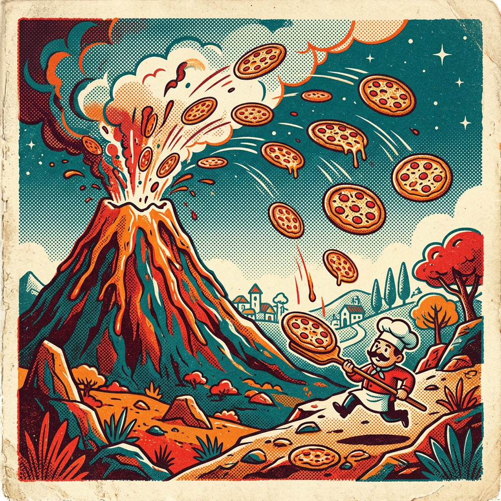 Sample art: a volcano erupting pizzas while a chef runs to catch them