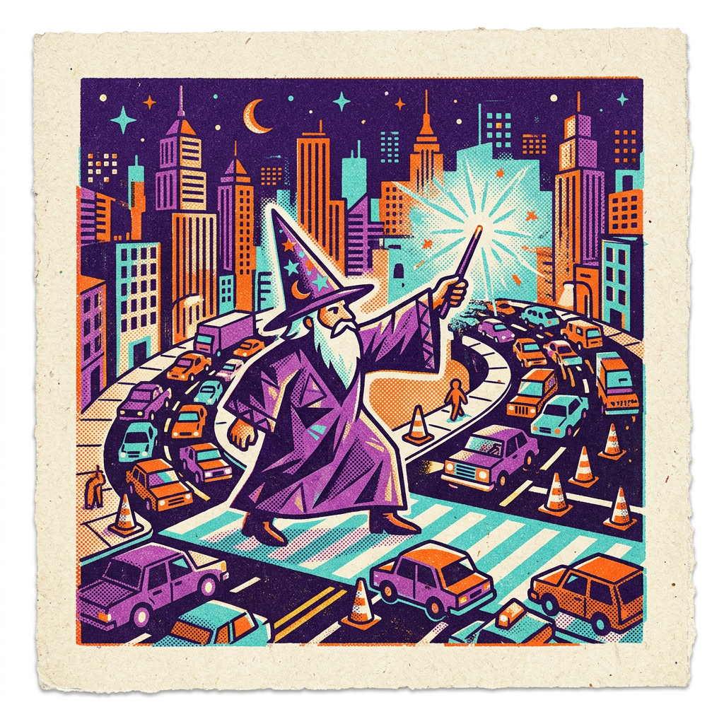 Sample art: a wizard directing city traffic with a glowing wand